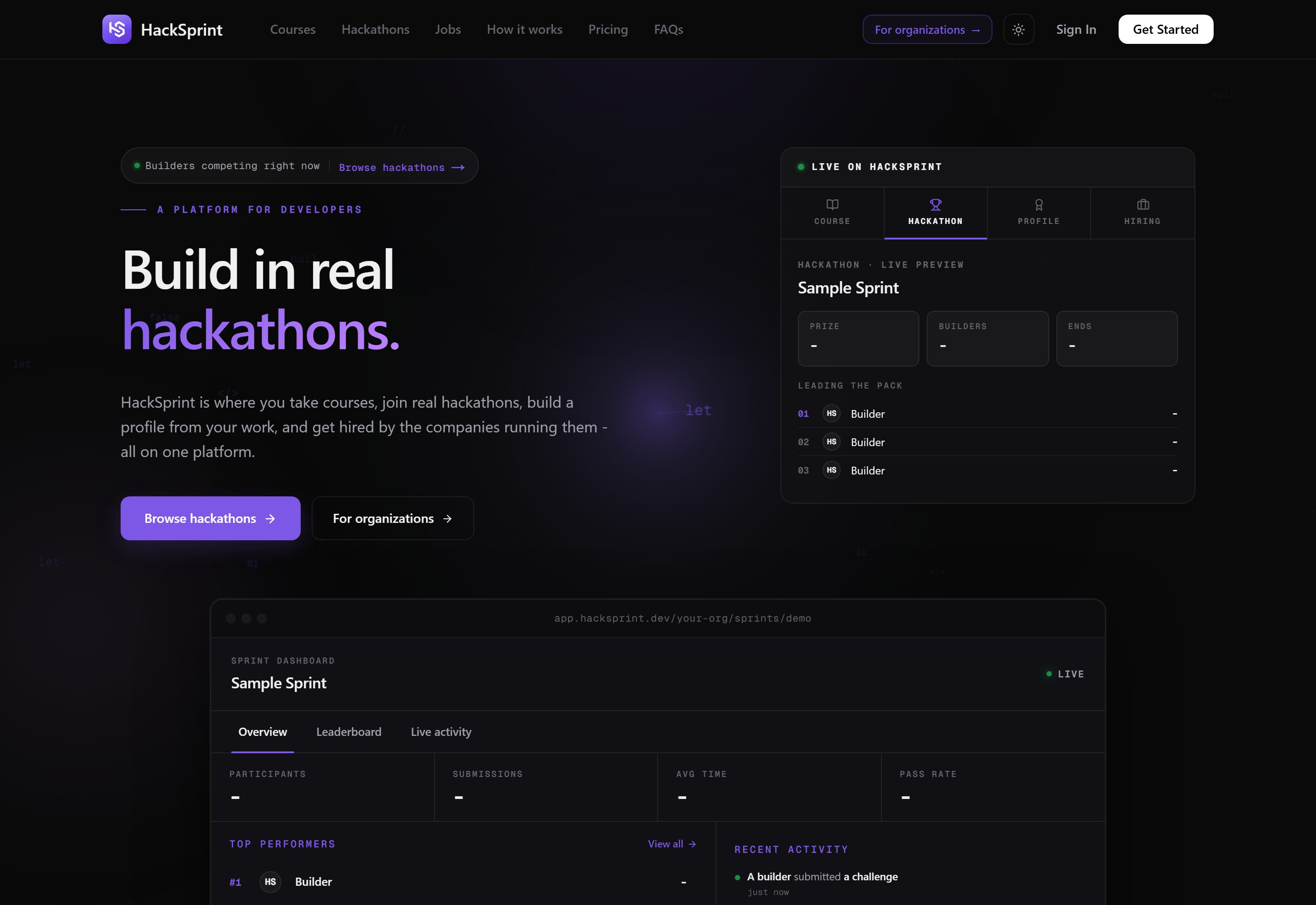 HackSprint Next.js developer platform homepage